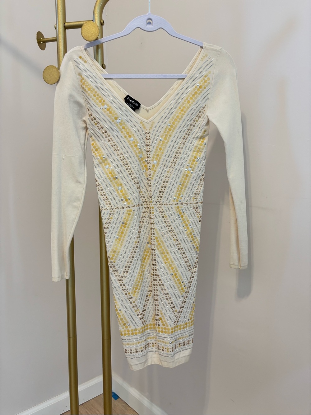 Bebe Cream and Yellow Embellished V-Neck Body-con Dress
